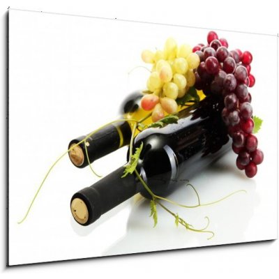 Obraz 1D - 100 x 70 cm - bottles of wine and ripe grapes isolated on white láhve vína a zralé hrozny izolovaných na bílém – Hledejceny.cz