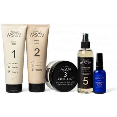 Tomas Arsov Péče o poškozené vlasy BONFIRE Šampon 250 ml + Oplachový kondicionér 250 ml + ARCHITEKT maska 250 ml + Marulový olej s vitamínem E 50 ml + HAIR LIQUID Keratin. voda 200 ml – Zboží Dáma