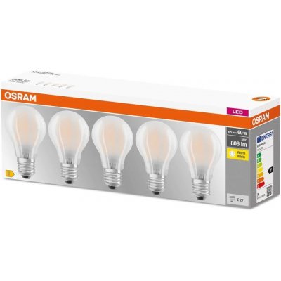 Osram Sada LED žárovek klasik, 6,5 W, 806 lm, teplá bílá, E27, 5 ks LED CLA60 FIL FR 6,5W,806LM,2700K,E – Zboží Mobilmania
