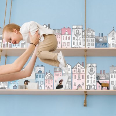 INSPIO Samolepka Samolepky na zeď - Malé domečky domy a kopce, akvarelové samolepky modrá, šedá, růžová, plnobarevný motiv rozměry 40x90 – Zboží Mobilmania
