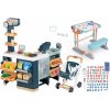 Dětský obchůdek Smoby Set obchod elektronický smíšené zboží s chladničkou Maxi Market a dřevěná lavice na psaní a kreslení s 80 doplňky