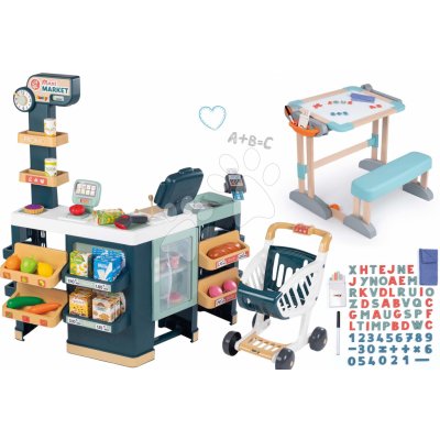 Smoby Set obchod elektronický smíšené zboží s chladničkou Maxi Market a dřevěná lavice na psaní a kreslení s 80 doplňky