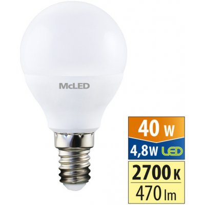 McLED LED žárovka E14 P45 4,8W 40W teplá bílá 2700K – Zboží Mobilmania