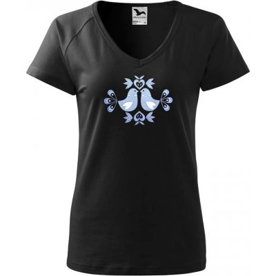 Dámské tričko s moravským motivem holubiček černá modrá