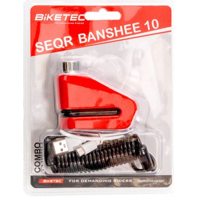 BIKETEC SEQR zámek brzdového kotouče 7,2mm s alarmem 120DB - čep 10mm, rozměr: 81mm X 55mm, 3klíče, bezpečnostní lanko | Zboží Auto