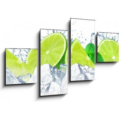 Obraz 4D čtyřdílný - 100 x 60 cm - lime water splash and ice cubes isolated on the white stříkající voda z vápna a kostky ledu izolované na bílém – Zbozi.Blesk.cz