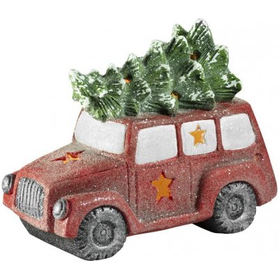 MagicHome Dekorace Vánoce Minivan se stromkem 1 LED 3xAAA keramika 35x19x29 cm