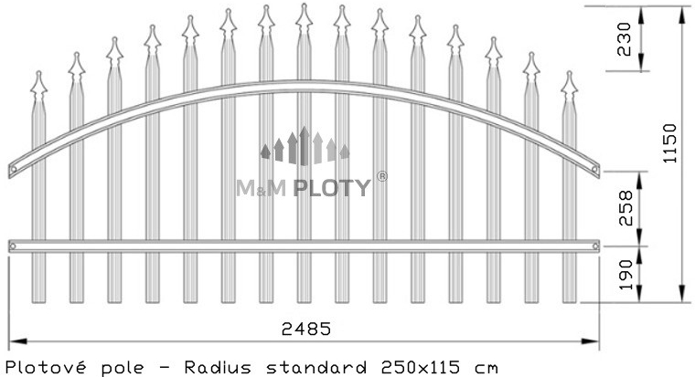 M&M PLOTY - Kovové plotové pole - Radius standard, grafit Rozměry(š x v): 250 x 115 cm