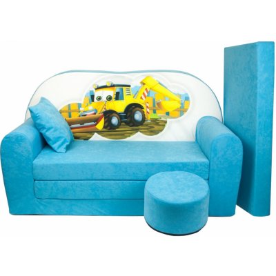 Fimex Dětská rozkládací pohovka + taburet Bagr světle modrá – Zbozi.Blesk.cz