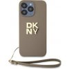 Pouzdro a kryt na mobilní telefon Apple DKNY Leather Stack Logo Wrist Strap pro iPhone 14 Pro Max Beige 3666339264864