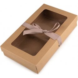 Papírová krabička s průhledem a stuhou hnědá přírodní 15,5 x 25,5 x 5 cm
