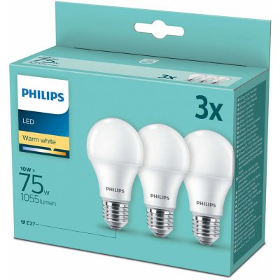 Philips LED sada žárovek 3x10W-75W E27 1055lm 2700K set 3ks, bílá – Zbozi.Blesk.cz