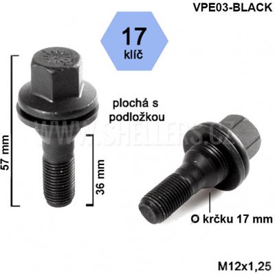 Kolový šroub M12x1,25x36, VPE03-BLACK, plochá podložka, CITROËN, FIAT, PEUGEOT, černý, klíč 17, výška 57 mm – Hledejceny.cz