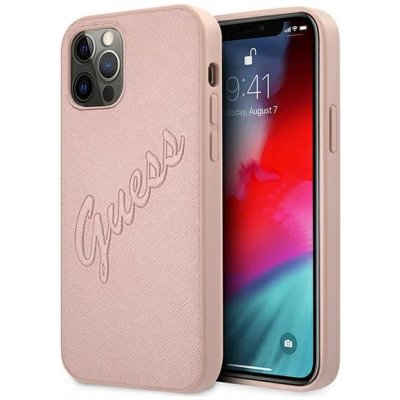 Pouzdro Guess iPhone 12/12 Pro hardcase Saffiano Vintage Script růžové – Zboží Mobilmania