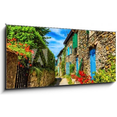 Obraz 1D panorama - 120 x 50 cm - Beautiful colorful medieval alley in Yvoire town in France Krásná barevná středověká ulička ve městě Yvoire ve Francii