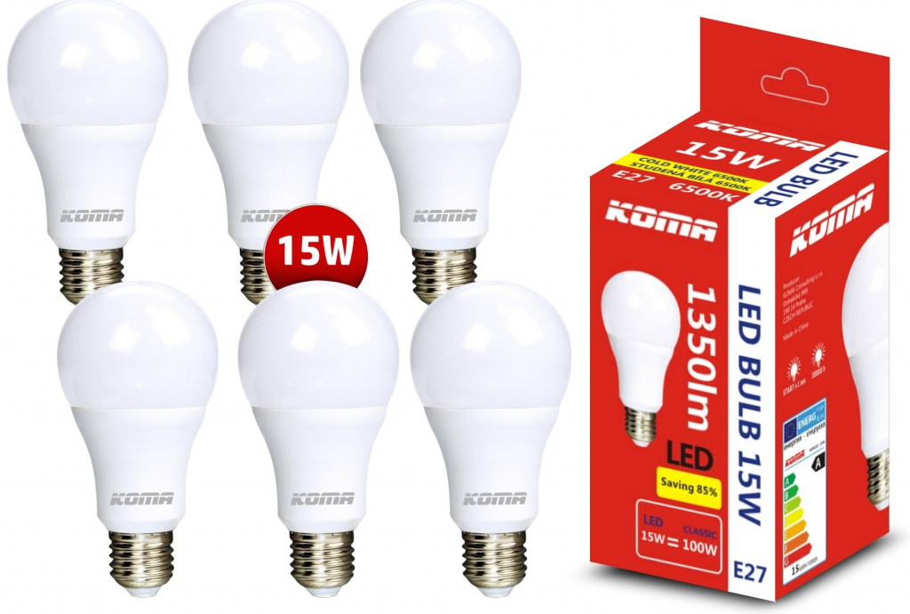 KOMA Sada 6ks LED žárovek E27 15W, 230V, 1350lm, 20000h, 6500K studená bílá  od 427 Kč - Heureka.cz