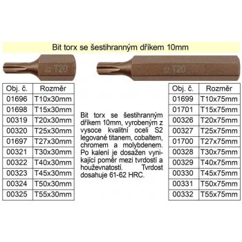 Bit torx T20 se šestihranným dříkem 10mm délka 30mm