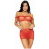 Dámská erotická souprava Síťovaný 3-dílný set erotického prádla s detailem srdíček červený