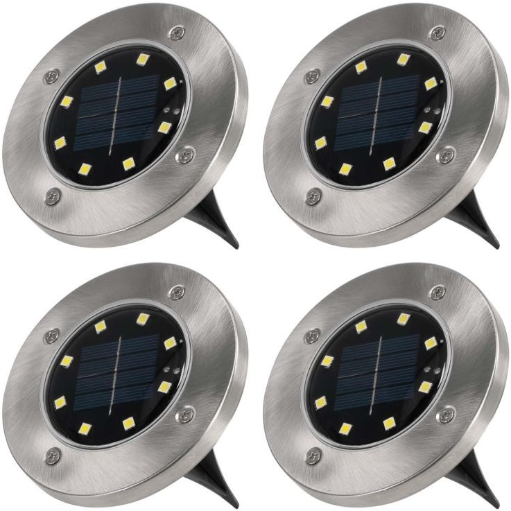 Set solárních vestavěných LED svítidel 4 ks 3 x LED dioda nerez 12 cm