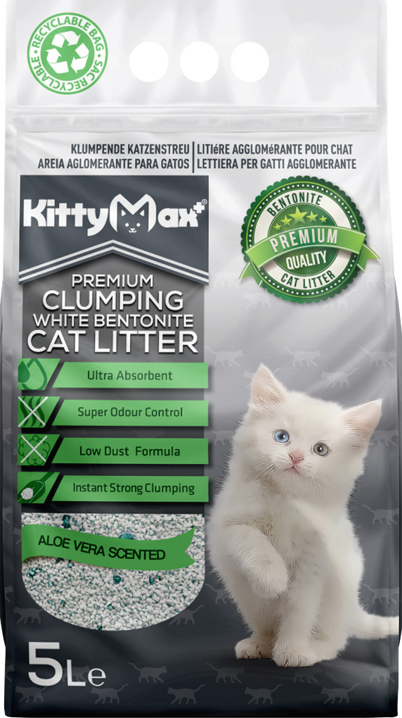 Kittymax hrudkující bezprašný bílý bentonit Aloe Vera 5 l