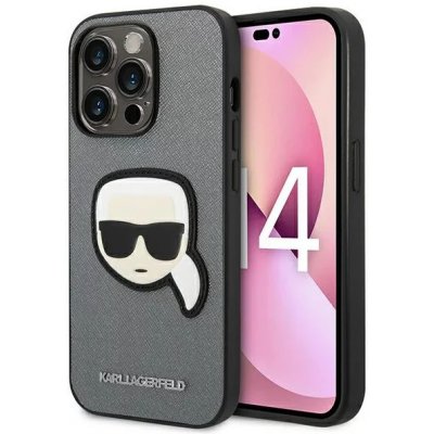 Pouzdro Karl Lagerfeld iPhone 14 Pro Saffiano Karl`s Head Patch stříbrné