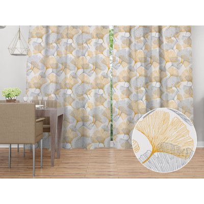 Biante Bavlněný závěs Sandra SA-745 Šedo-hořčicové ginkgo listy na bílém 150x220 cm – Zboží Dáma