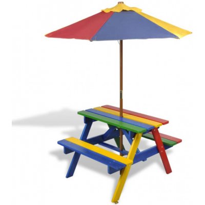 HD Dětský piknikový stůl lavičky a slunečník vícebarevný dřevo – Zboží Mobilmania