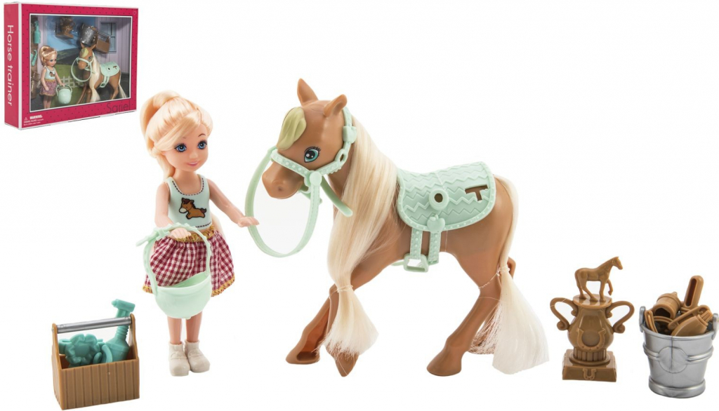 Teddies Panenka/žokejka 14cm kloubová s koněm plast s doplňky v krabici 30x23x6cm