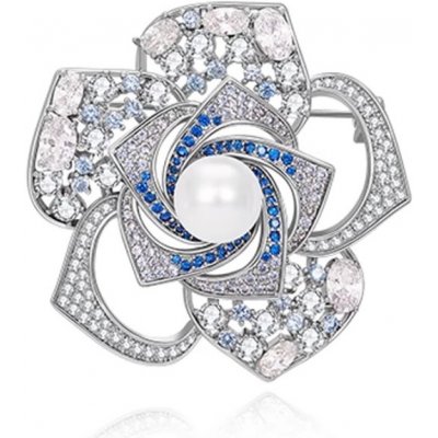 Éternelle luxusní brož ve tvaru květu perla zirkony B8146-XH3564 stříbrná – Zboží Dáma
