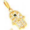 Přívěsky Šperky Eshop Přívěsek ze žlutého zlata symbol Hamsa s čirými zirkony a černou hvězdou S2GG121.09