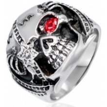 Mohutný prsteň z ocele lebka bojovníka s červeným zirkónom patina E5.6