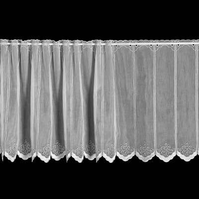 Českomoravská textilní vitrážová záclona, polyesterový batist V700 vyšívané oválky, s bordurou, bílá výška 40cm (v metráži)