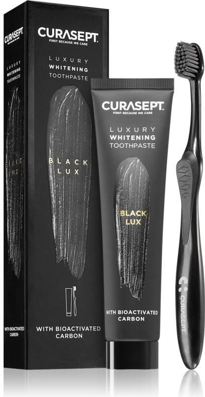 Curasept Luxury Black bělící zubní pasta s biaktivním uhlím 75 ml + ultrasoft zubní kartáček dárková sada