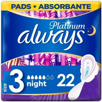 Always Platinum Night Velikost 3 Hygienické Vložky s křidélky 22 ks