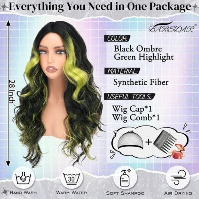Barsdar Dlouhá vlnitá černo-zelená ombré paruka s ofinou – Zbozi.Blesk.cz