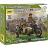 Sběratelský model Zvezda motocykl M-72 s postranním vozíkem a posádkou sovětská armáda Wargames WWII figurky 6277 1:72