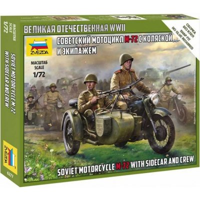 Zvezda motocykl M-72 s postranním vozíkem a posádkou sovětská armáda Wargames WWII figurky 6277 1:72