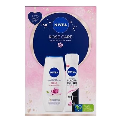 Nivea Rose Care : sprchový gel Rose & Almond Oil 250 ml + antiperspirant Black & White Invisible Clear 150 ml