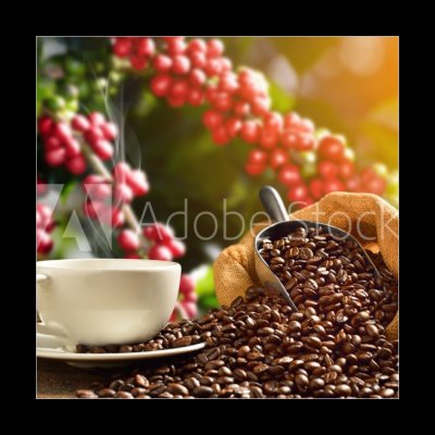 Obraz 1D - 50 x 50 cm - Cup of coffee with smoke and coffee beans in burlap sack on coff Šálek kávy s kouřem a kávová zrna v pytlovina pytel na kávu