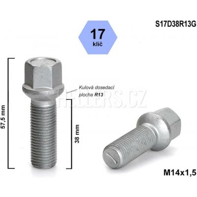 Kolový šroub M14x1,5x38 kulový R13, klíč 17, S17D38R13G, výška 57,5 | Zboží Auto