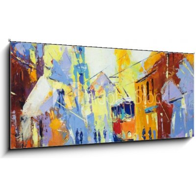 Obraz 1D panorama - 120 x 50 cm - an original oil painting on canvas cubism style, parto of cubism landscapes collection, jut and ordinary day in the city, urban, city l