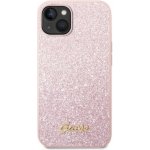 Pouzdro Guess Glitter Flakes Metal Logo Apple iPhone 14 Plus růžové – Sleviste.cz