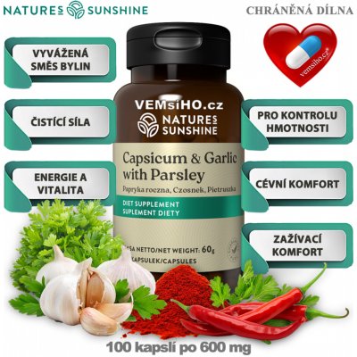 Nature’s Sunshine CAPSICUM & GARLIC WITH PARSLEY Kajenský pepř + Česnek + Petržel nať 100 kapslí po 600 mg – Hledejceny.cz