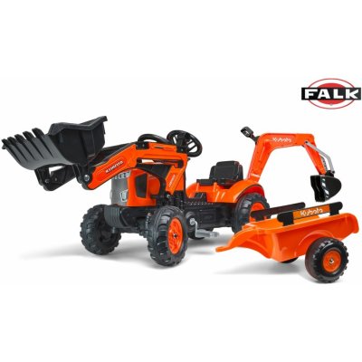 Falk šlapací traktor 2065N Kubota backhoe s předním bagrem a přívěsem s otočným bagrem