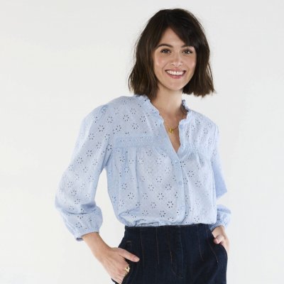 Madeirová halenka s volánkem a 3/4 rukávy nebeská modrá – Zboží Dáma