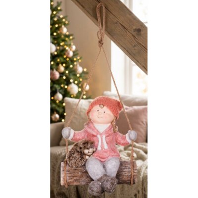 MagicHome figurka, Holčička na houpačce s ježkem, závěsná, keramika, 31,5x28x36 cm – Hledejceny.cz