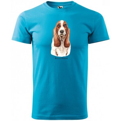 Originální pánské bavlněné tričko s potiskem mysliveckého psa Basset Tyrkysová