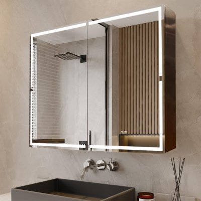 MYATU na líčení Koupelnovává skříňka ze slitiny hliníku s osvětlením, 100 x 70 cm, 3 barvy, stmívatelné, nastavitelná skleněná polička, funkce odmlžování – Zboží Mobilmania