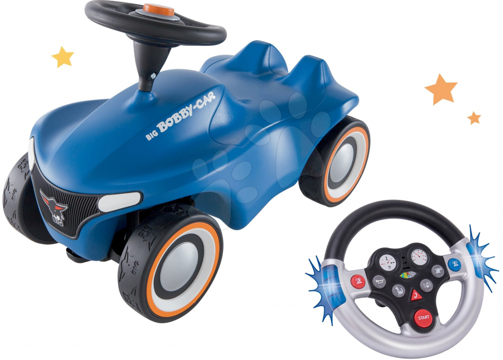 BIG Set Bobby Car Neo modré zvukové s 3vrstvými gumovými koly a s volantem se zvukem a světlem