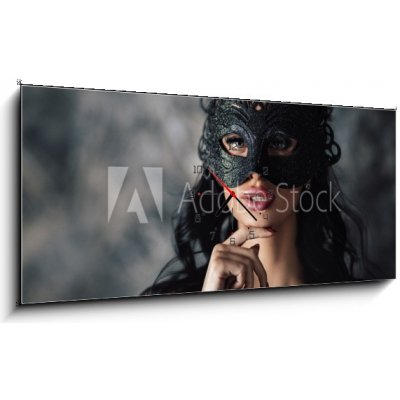 Obraz s hodinami 1D panorama - 120 x 50 cm - portrait of sexy beautiful woman in lace black erotic lingerie and carnival mask on dark background portrét sexy krásná žena